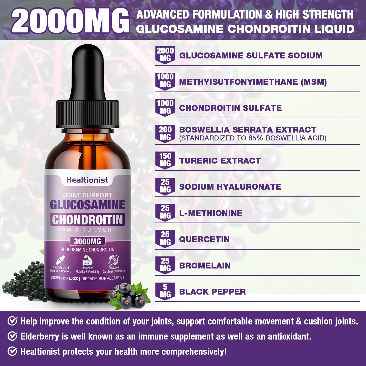 Healtionist glucosamine chondroitin liquid drops pour shot—convenient daily joint care.