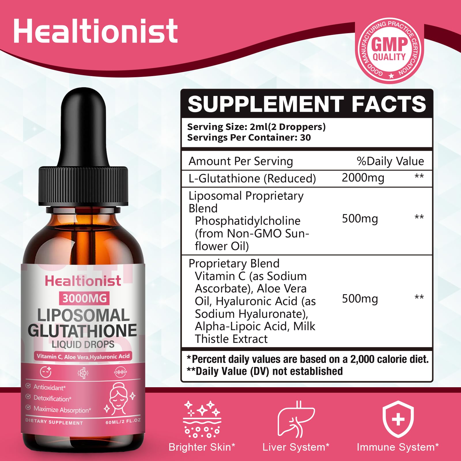 Healtionist glutathione drops being poured for convenient daily dosing.