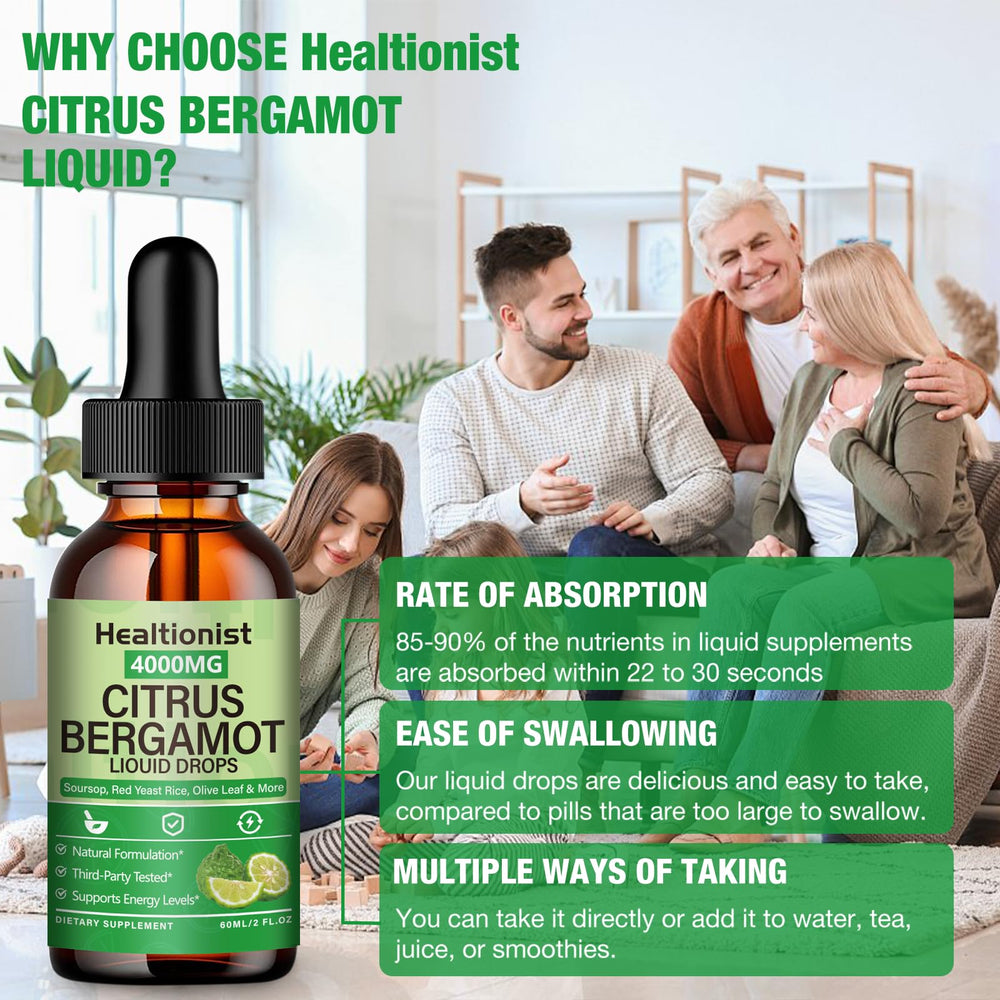 Healtionist drops with a glass of water suggests easy mixing into routine