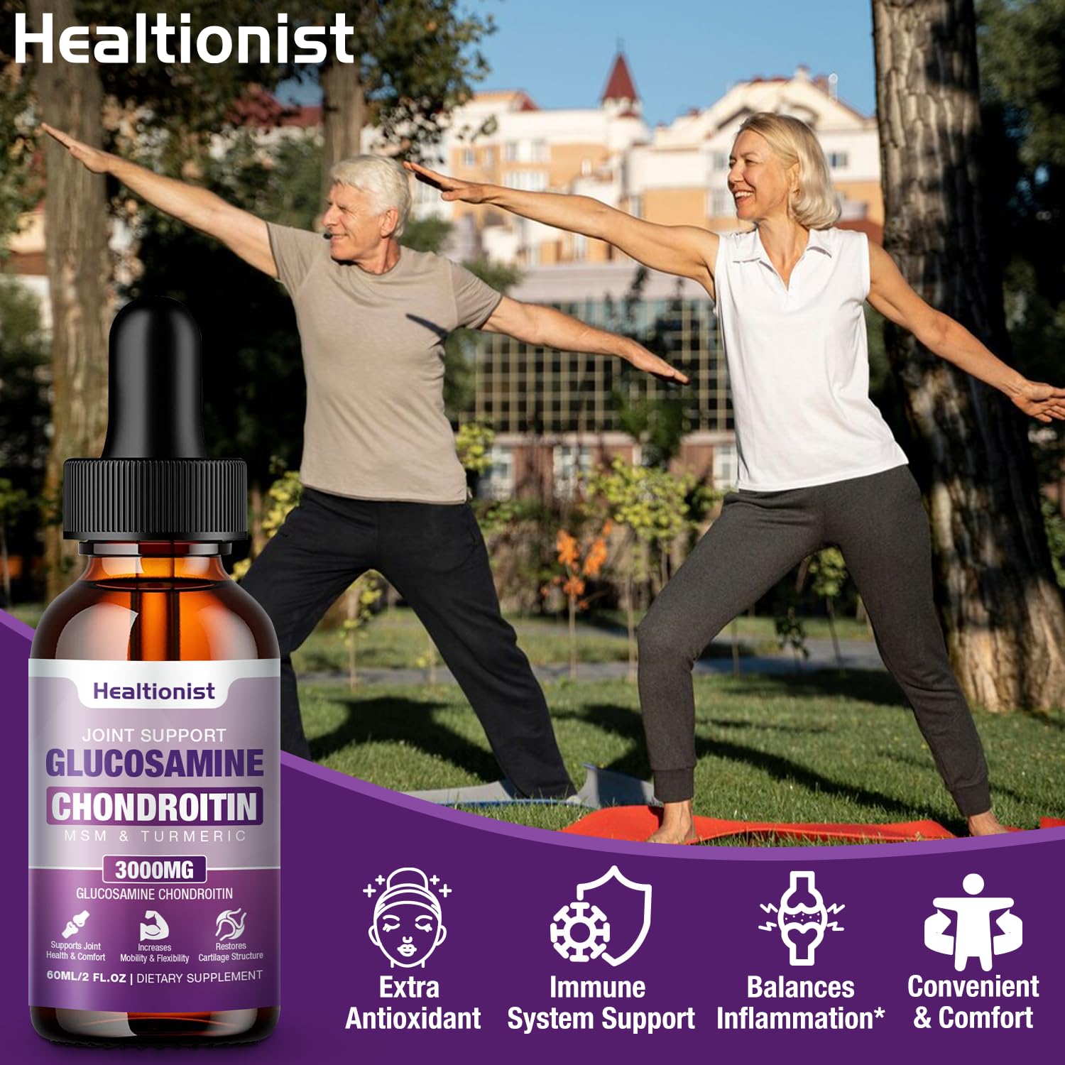 Healtionist liquid drops ingredients bottle—includes boswellia, turmeric, quercetin for antioxidant support.