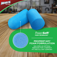 Blue HEAROS foam ear plugs rolled down for easy insertion