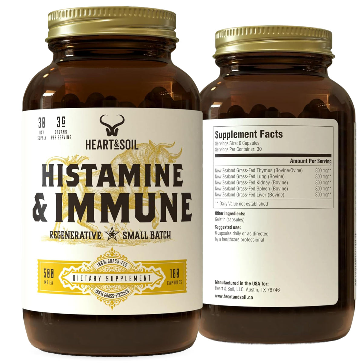 Heart & Soil bottle capsules showing immune-support formula for daily wellness