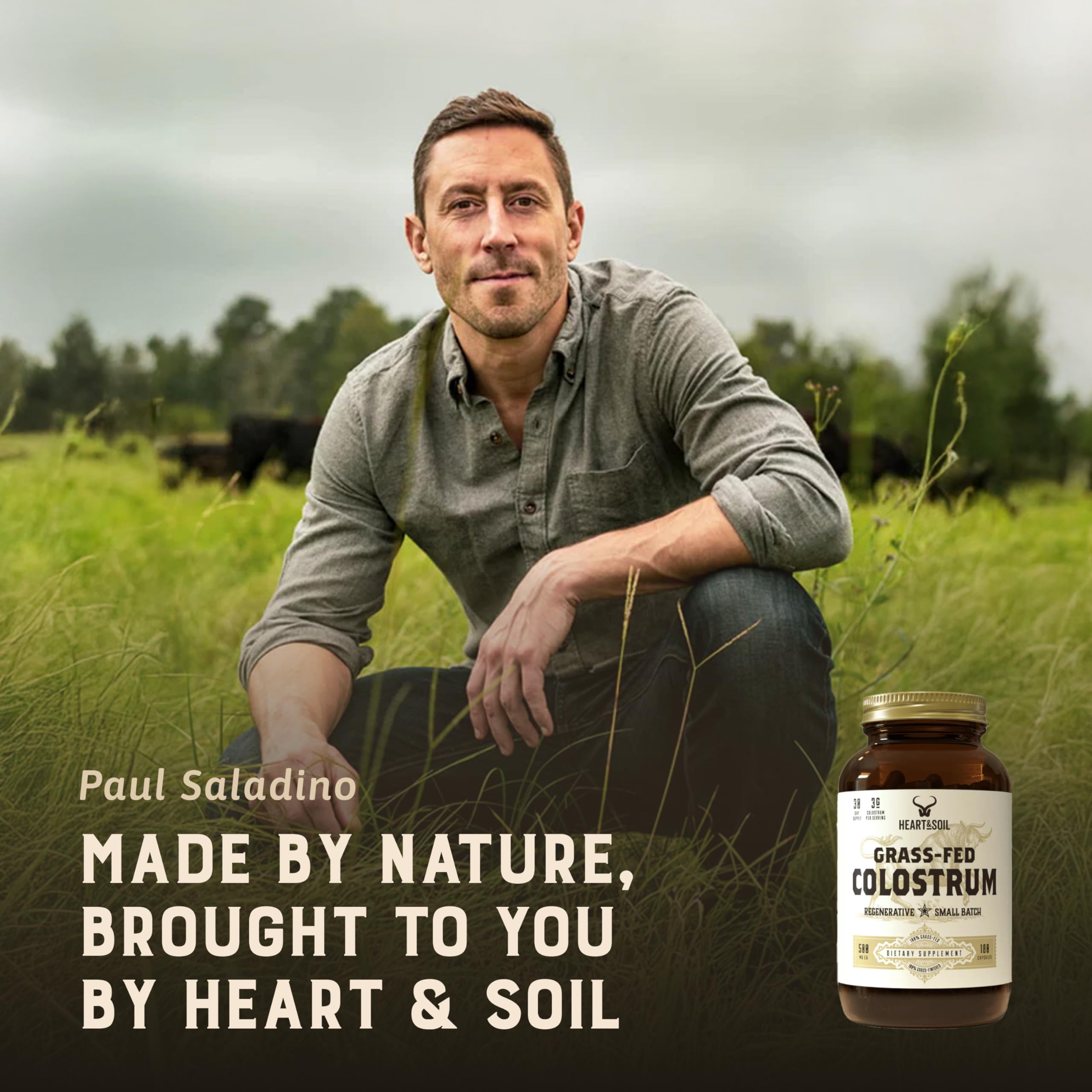 Heart & Soil bottle with ingredients panel showing 3000 mg colostrum