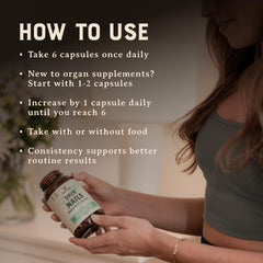 Heart & Soil daily-use presentation with water glass and capsules