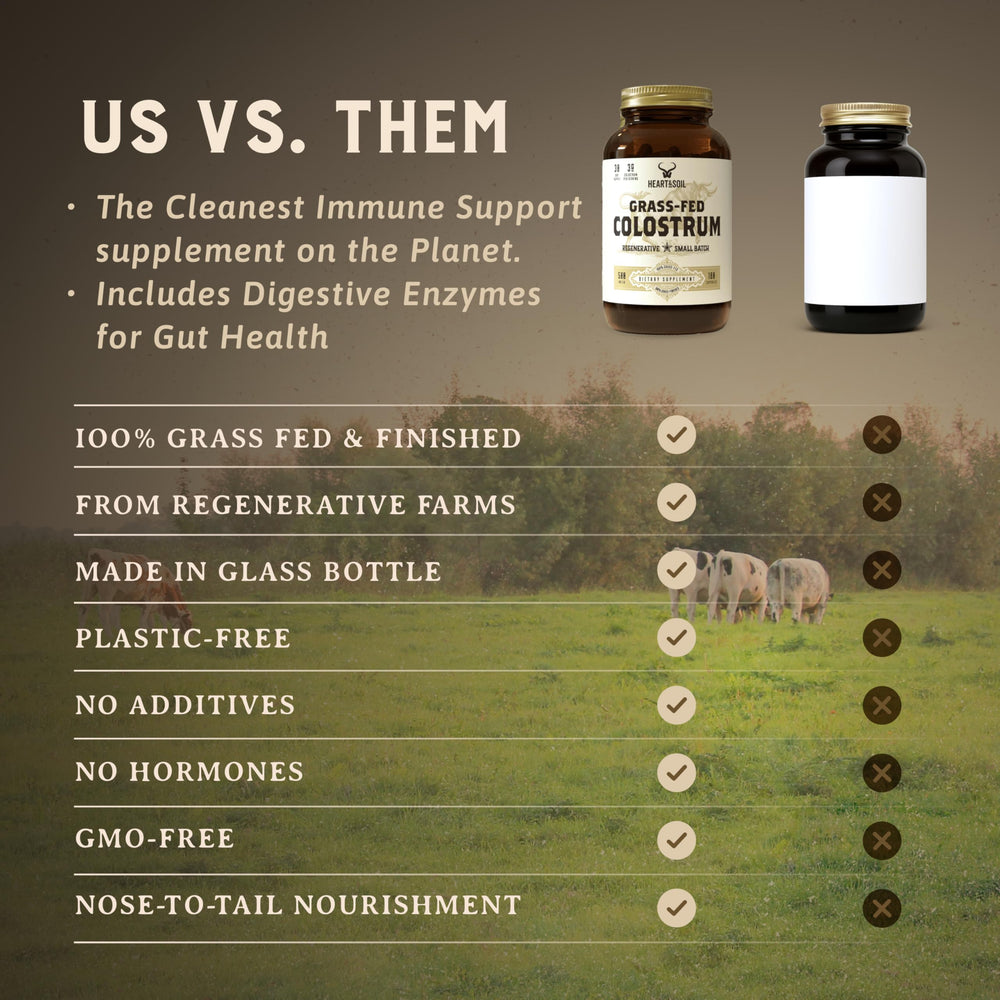 Heart & Soil label emphasizing lactoferrin and immunoglobulins for immune support