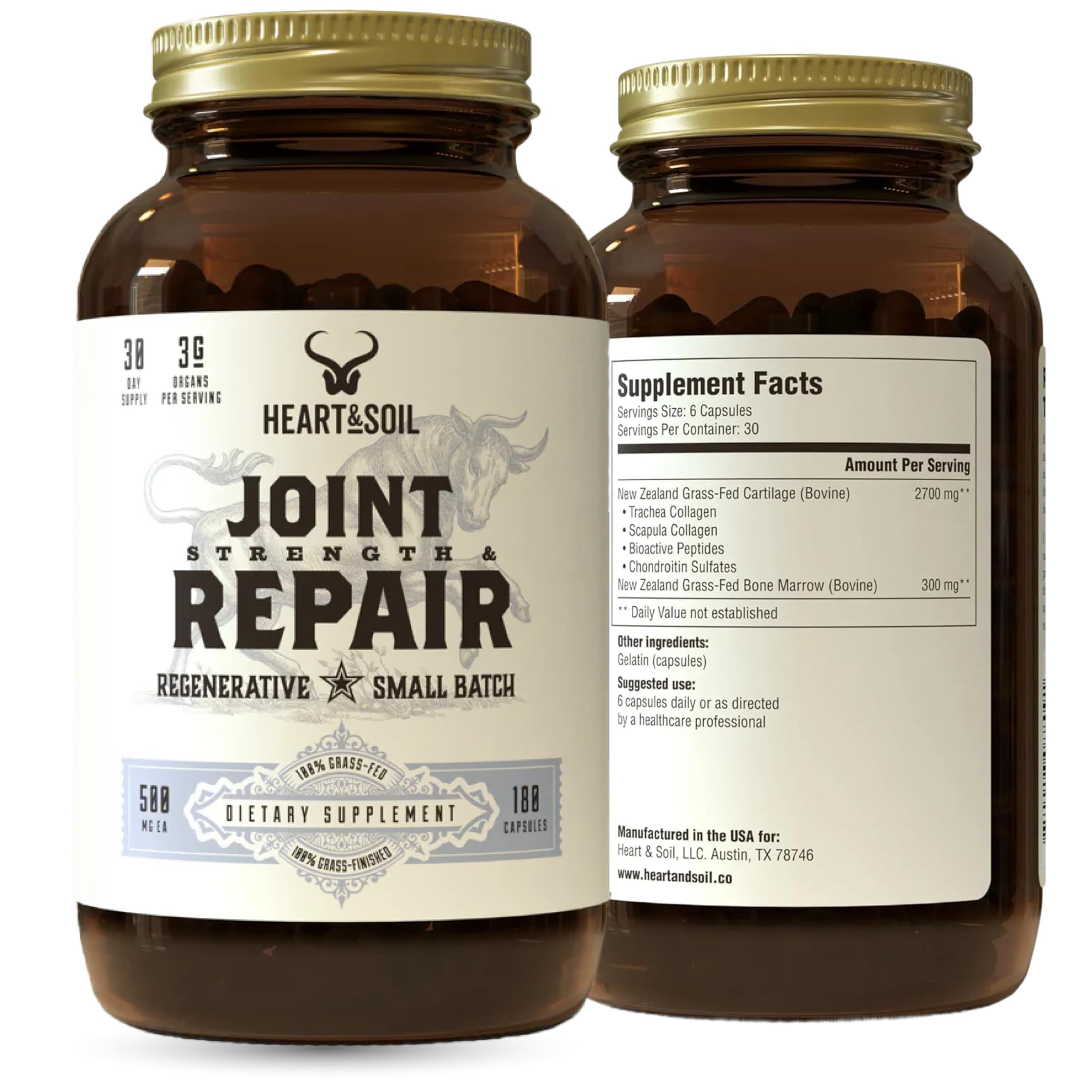 Heart & Soil joint-support bottle highlights premium mobility-support formula.