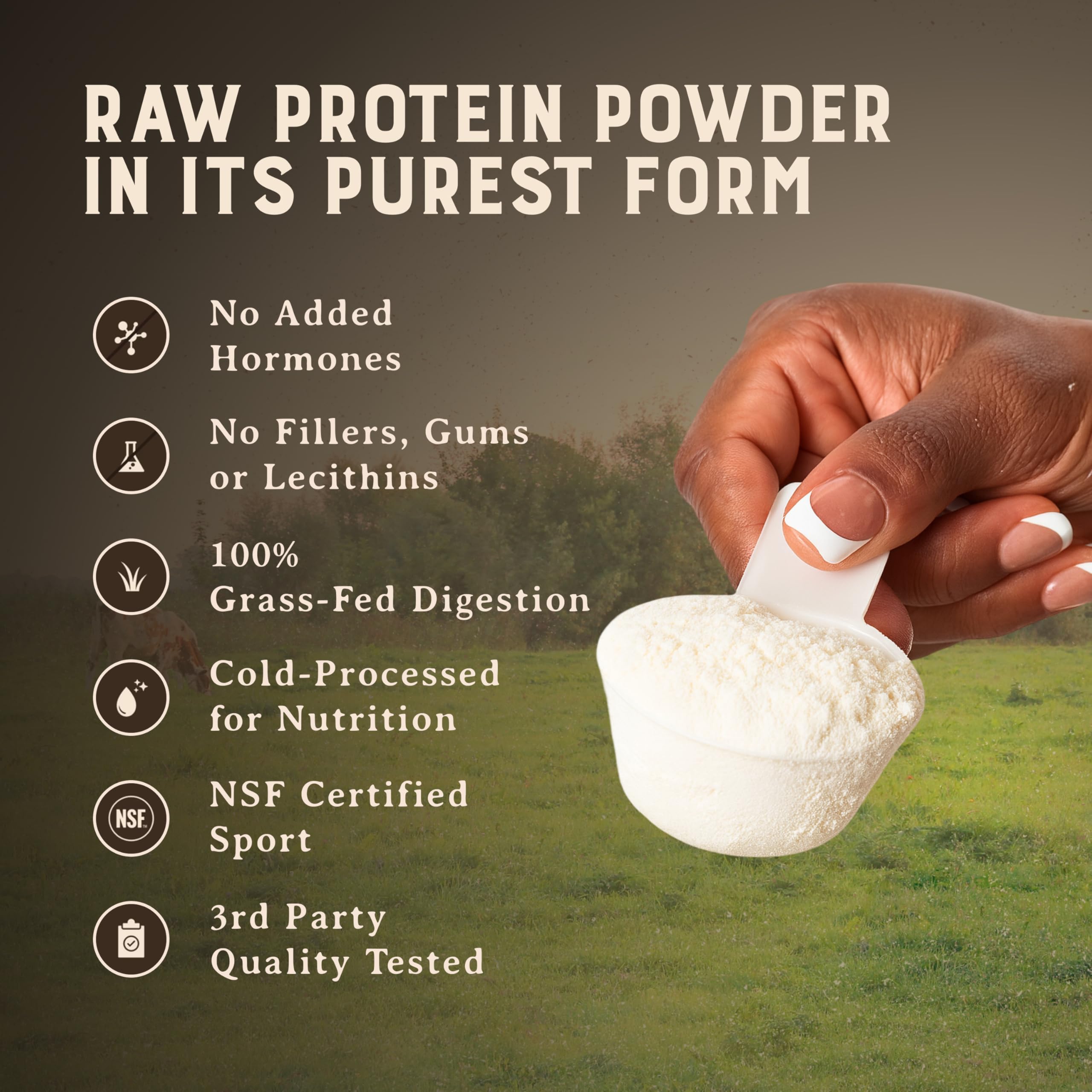 HEART & SOIL 24g protein per serving shown with scoop.