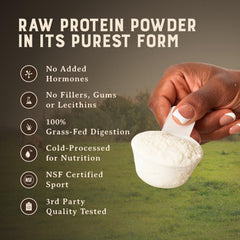 HEART & SOIL 24g protein per serving shown with scoop.