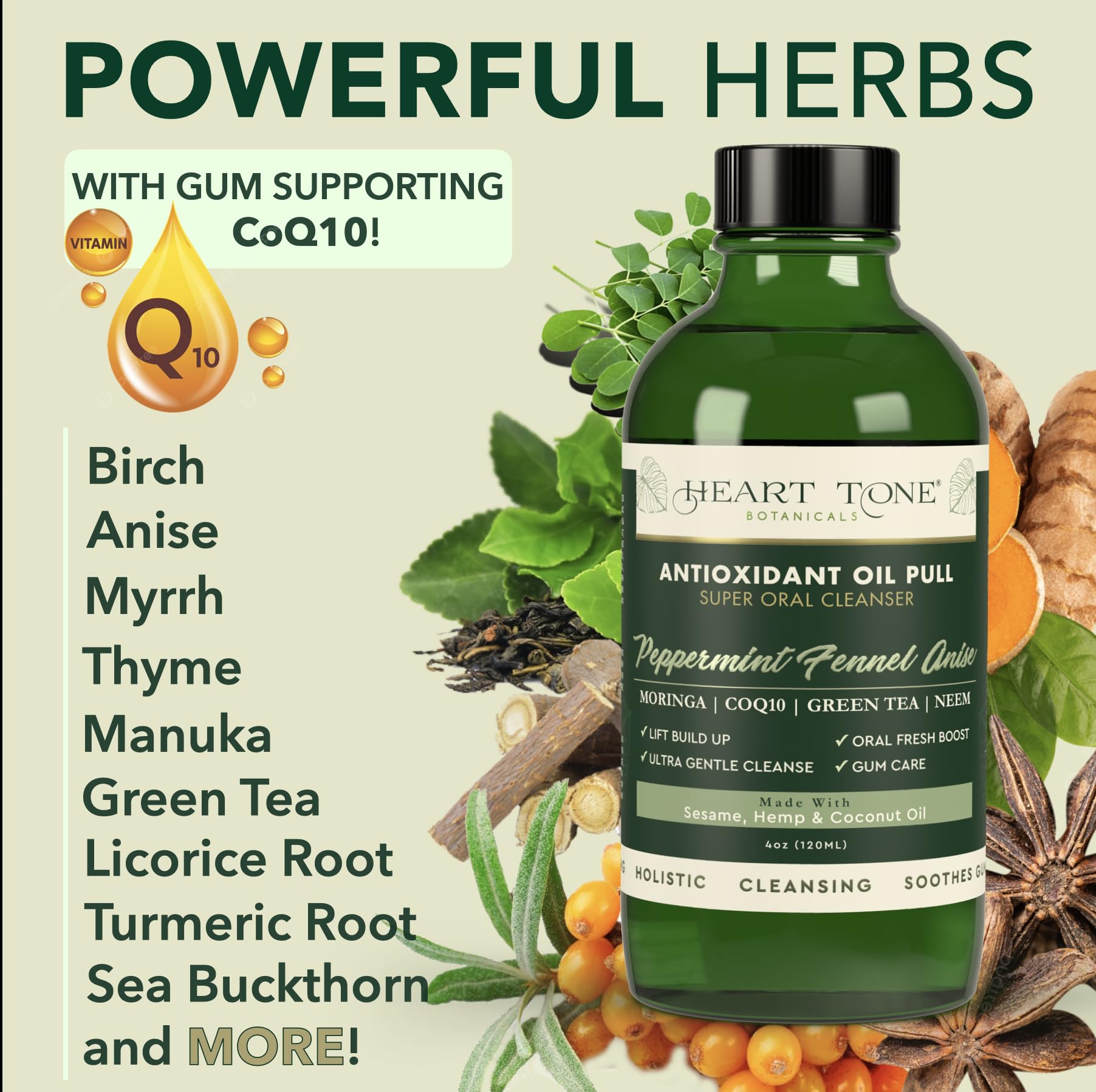 Heart Tone Botanicals CoQ10 vitamins bottle highlights nourishing gum tissue and teeth maintenance.