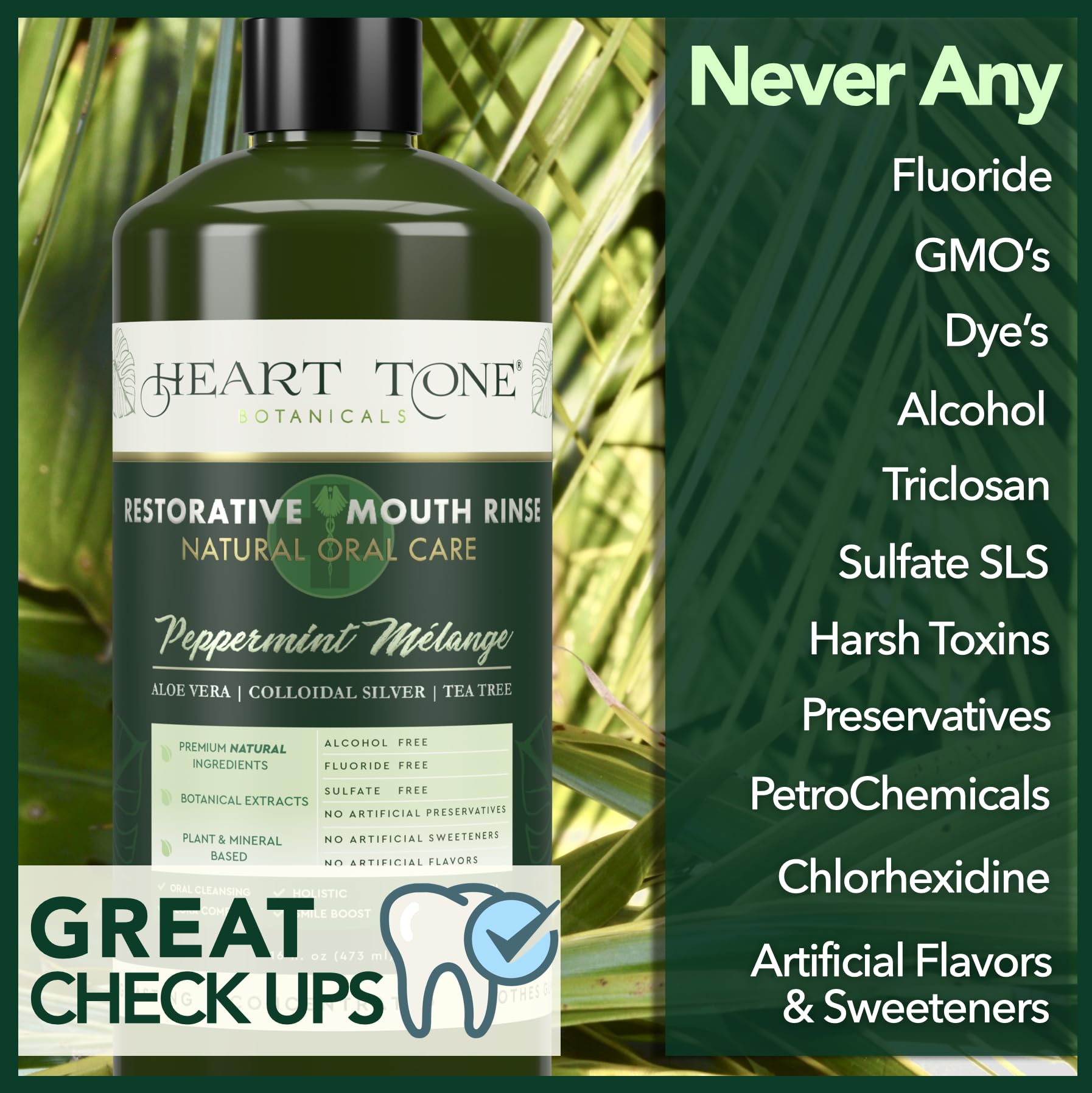 Heart Tone Botanicals Mouthwash ingredients aloe-tea-tree highlight natural cleansing.