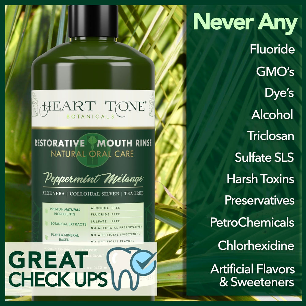 Heart Tone Botanicals Mouthwash ingredients aloe-tea-tree highlight natural cleansing.