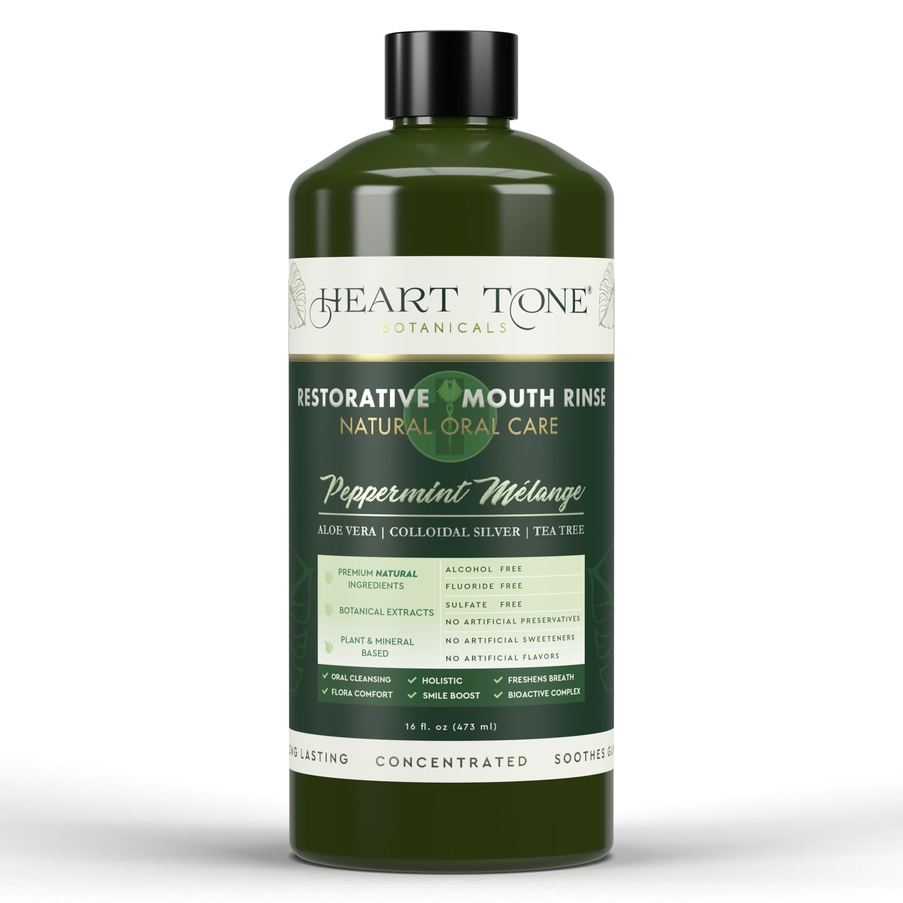 Heart Tone Botanicals Nano Silver Mouthwash bottle for fresh breath and natural care.