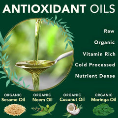 Heart Tone Botanicals neem moringa coconut oil close-up demonstrates gentle, vegan mouth cleansing routine.