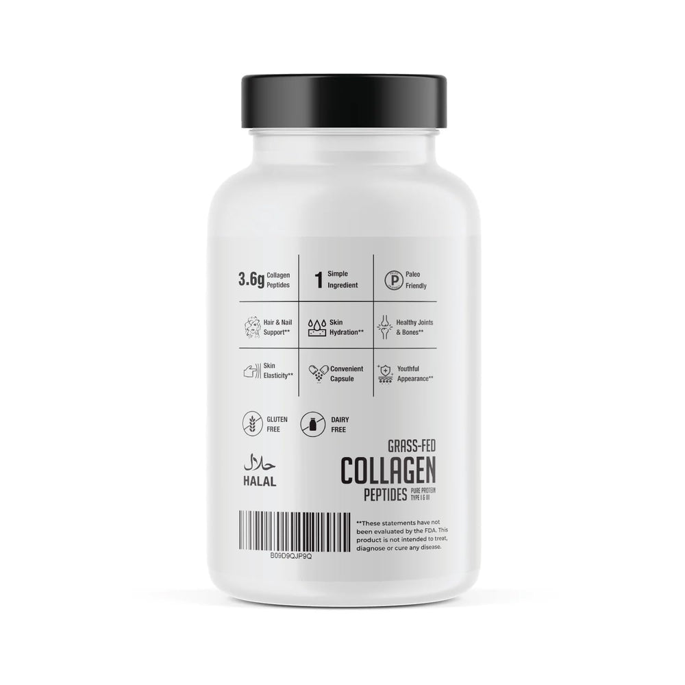 Hearthy Foods collagen pills serving on table showing 3.6g protein per serving