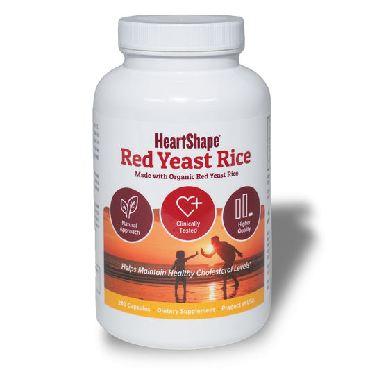 HeartShape Red Yeast Rice bottle label close-up showing USA-made quality.