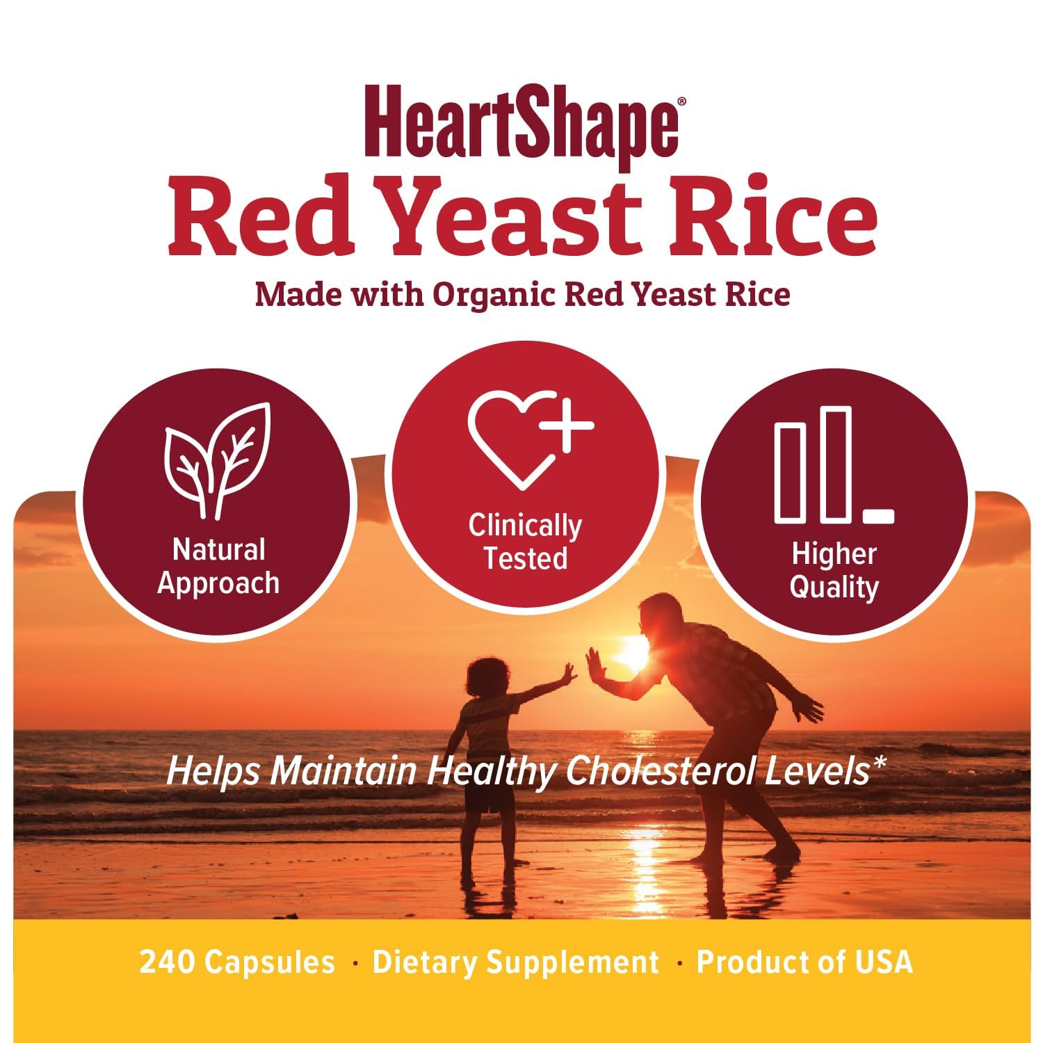 HeartShape Red Yeast Rice capsules arranged on a white surface highlighting standardized ingredients.