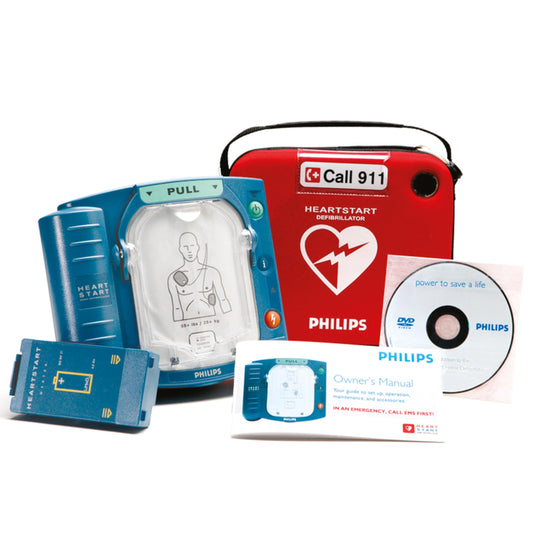 HeartStart Home AED with slim carry case shown for quick access and safety