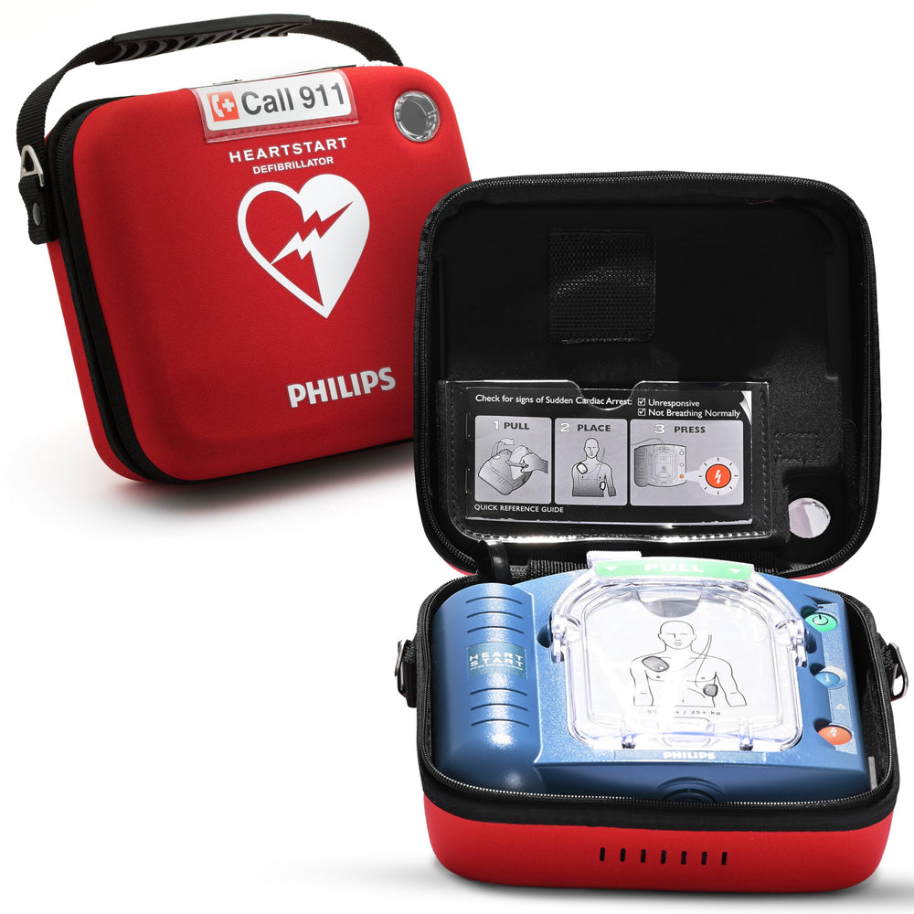 HeartStart OnSite AED defibrillator ready for rapid emergency guidance.