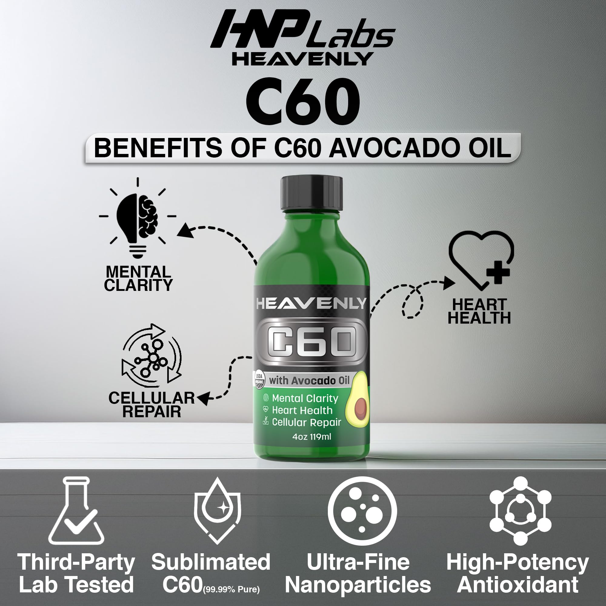 Packaging displays organic, cold-pressed avocado oil, emphasizing USA-made GMP standard.