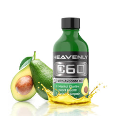 Heavenly Natural Products C60 Avocado Oil bottle highlighting premium antioxidant formula for skin and hair