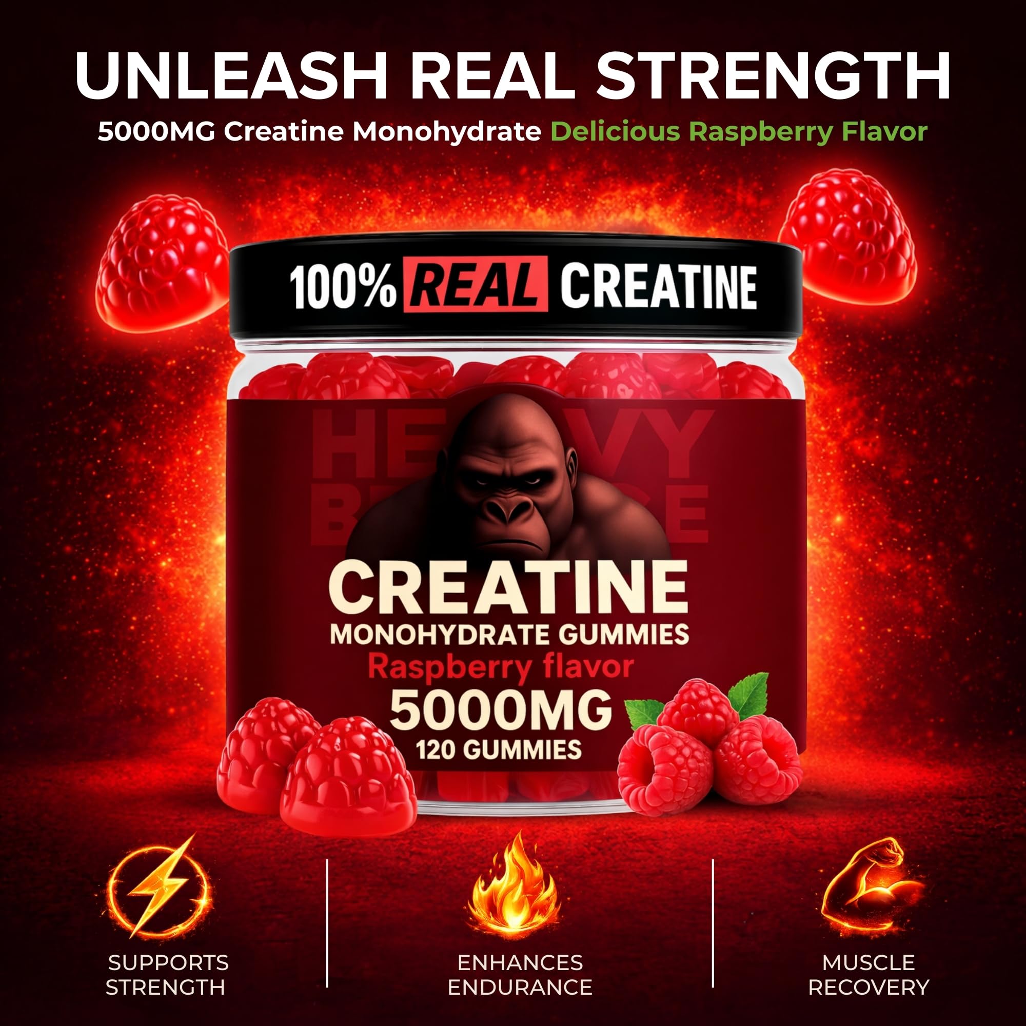 Heavy Balance creatine gummies close-up, chewy texture and berry flavor