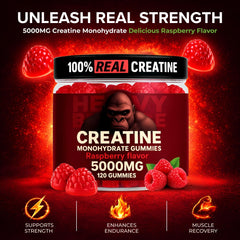 Heavy Balance creatine gummies close-up, chewy texture and berry flavor