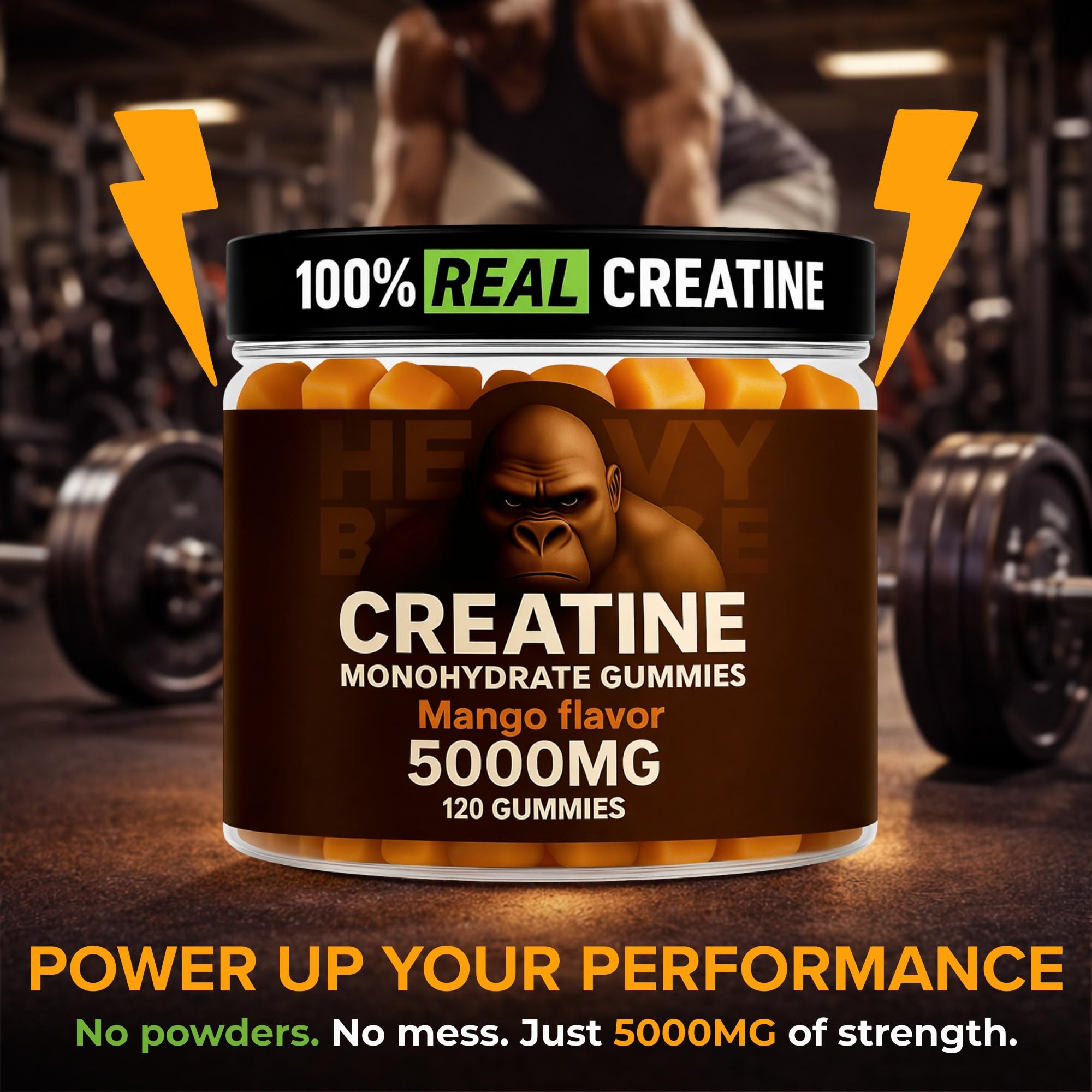 Gummies in gym setting suggesting pre-workout energy and focus with Heavy Balance.