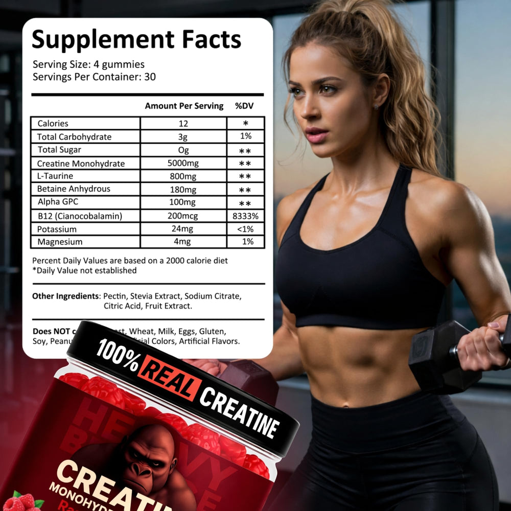 Heavy Balance creatine gummies jar opened, 120-count bundle