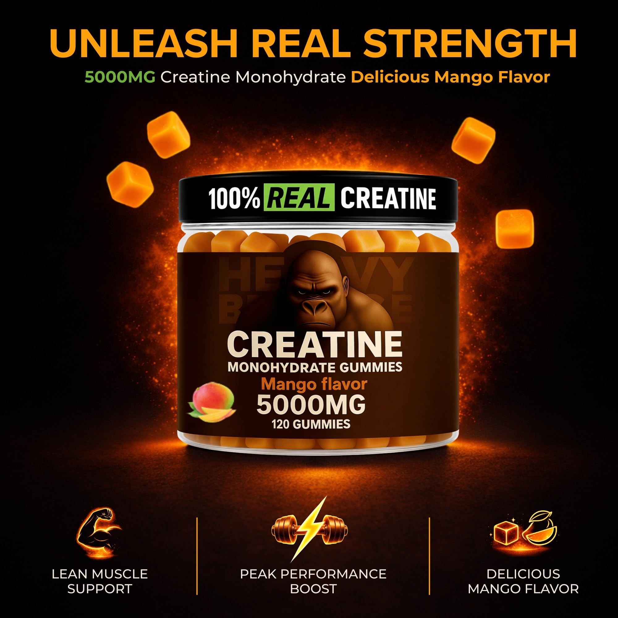Close-up of Heavy Balance gummies being poured for on-the-go energy.