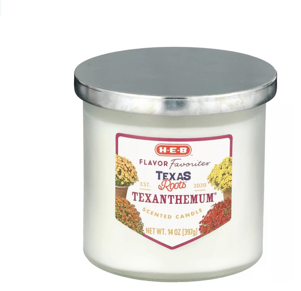 HEB Flavor Favorites Texanthemum candle in frosted glass for cozy ambience