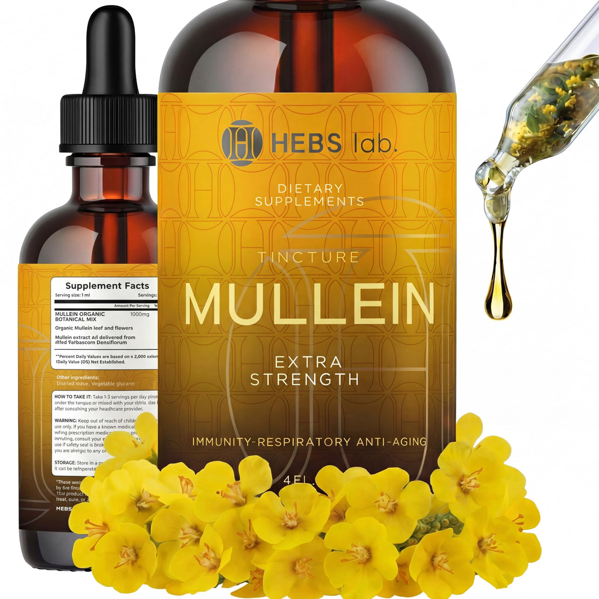 HEBS LAB Mullein Leaf Extract bottle pour showing lung support potential