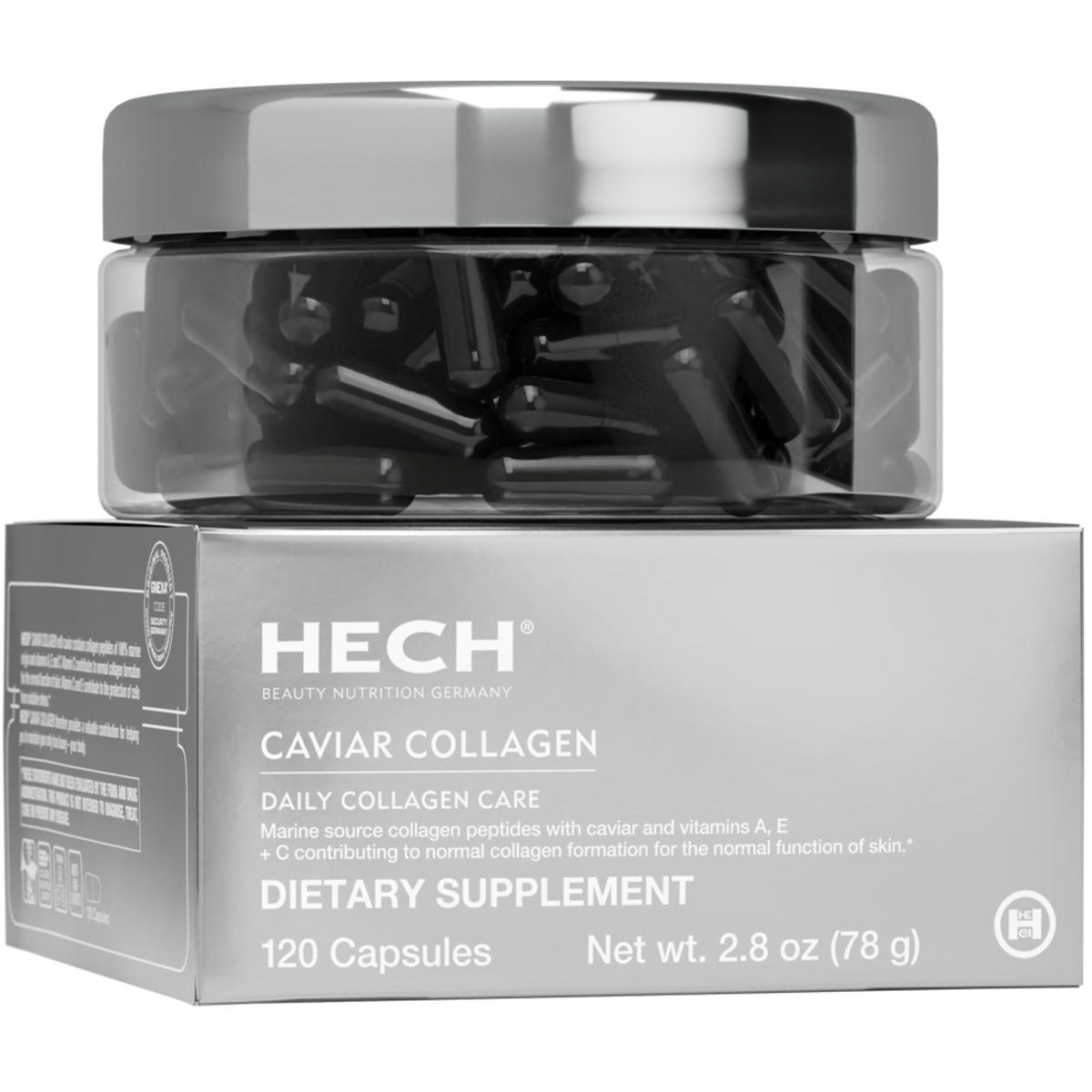 HECH Caviar Collagen Capsules bottle front highlighting beauty supplement for skin hydration