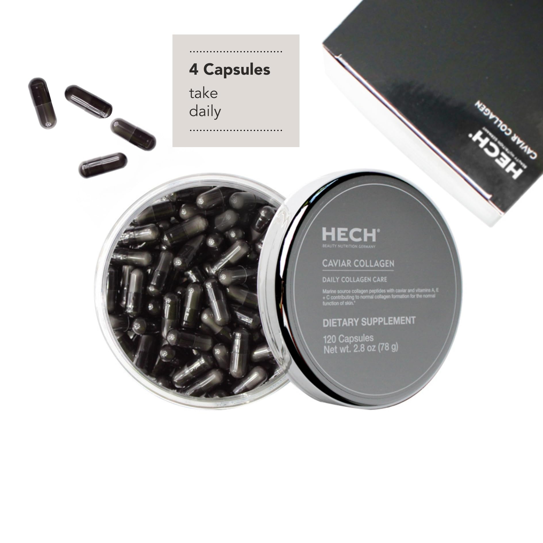 HECH Caviar Collagen Capsules bottle open for easy daily use