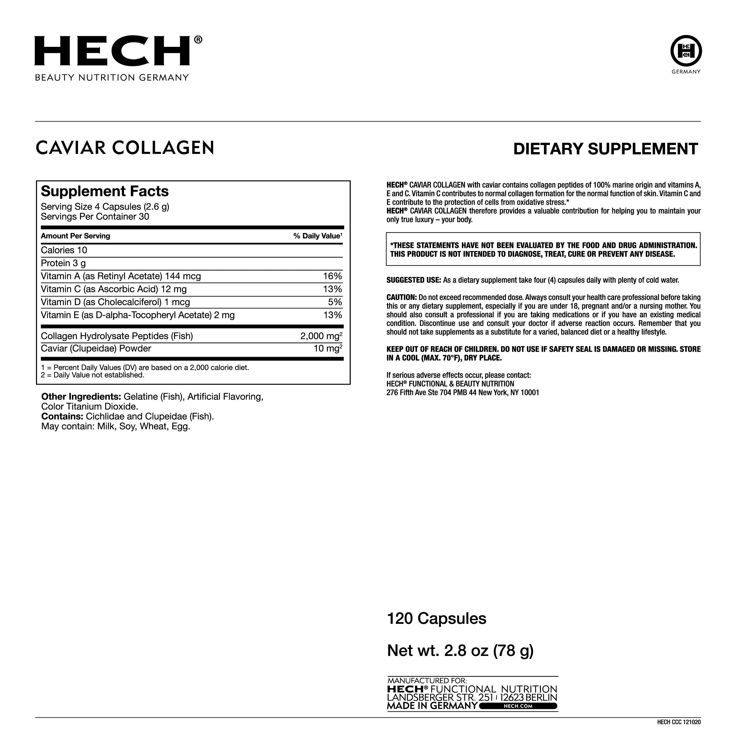 HECH Caviar Collagen Capsules bottle side view for daily wellness