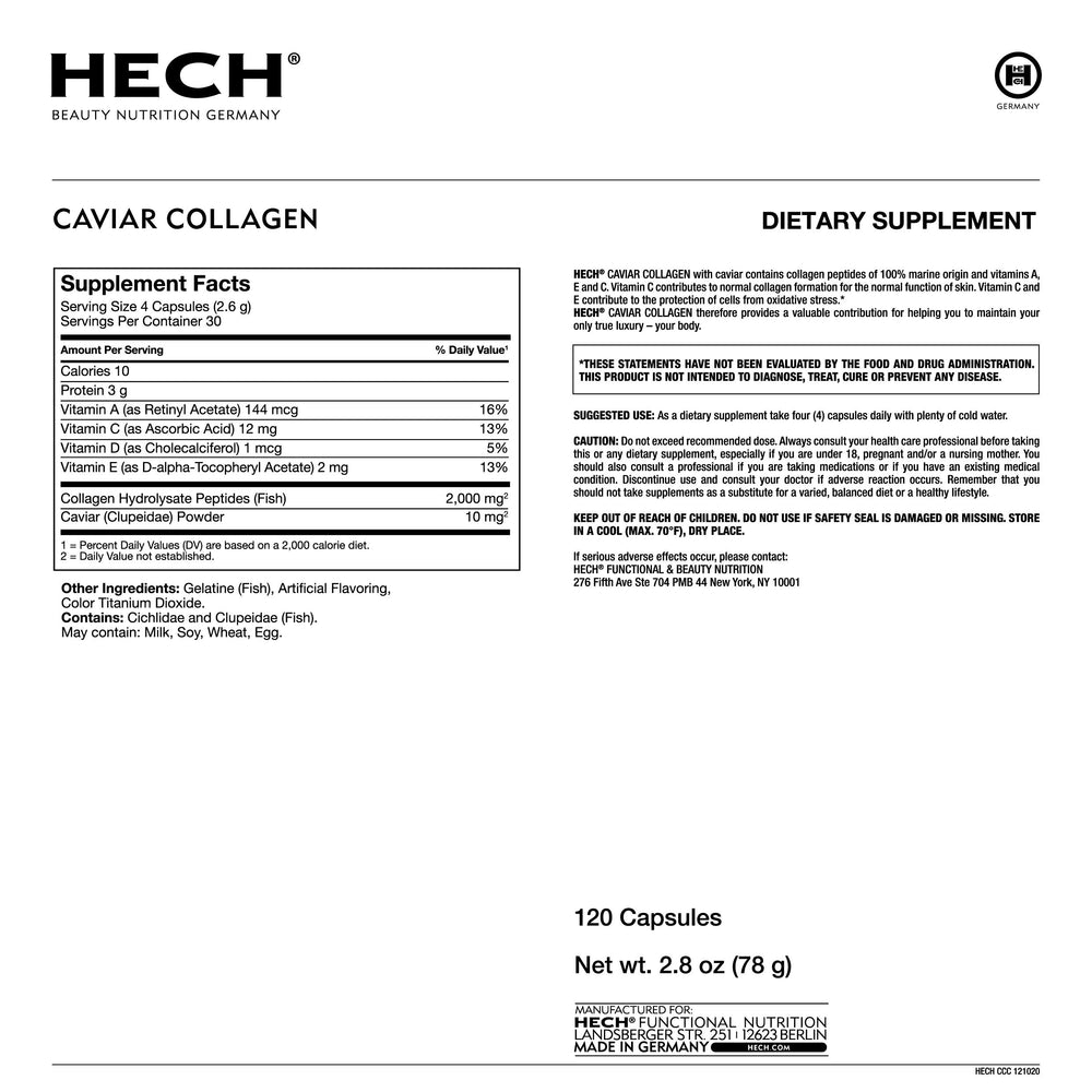 HECH Caviar Collagen Capsules bottle side view for daily wellness