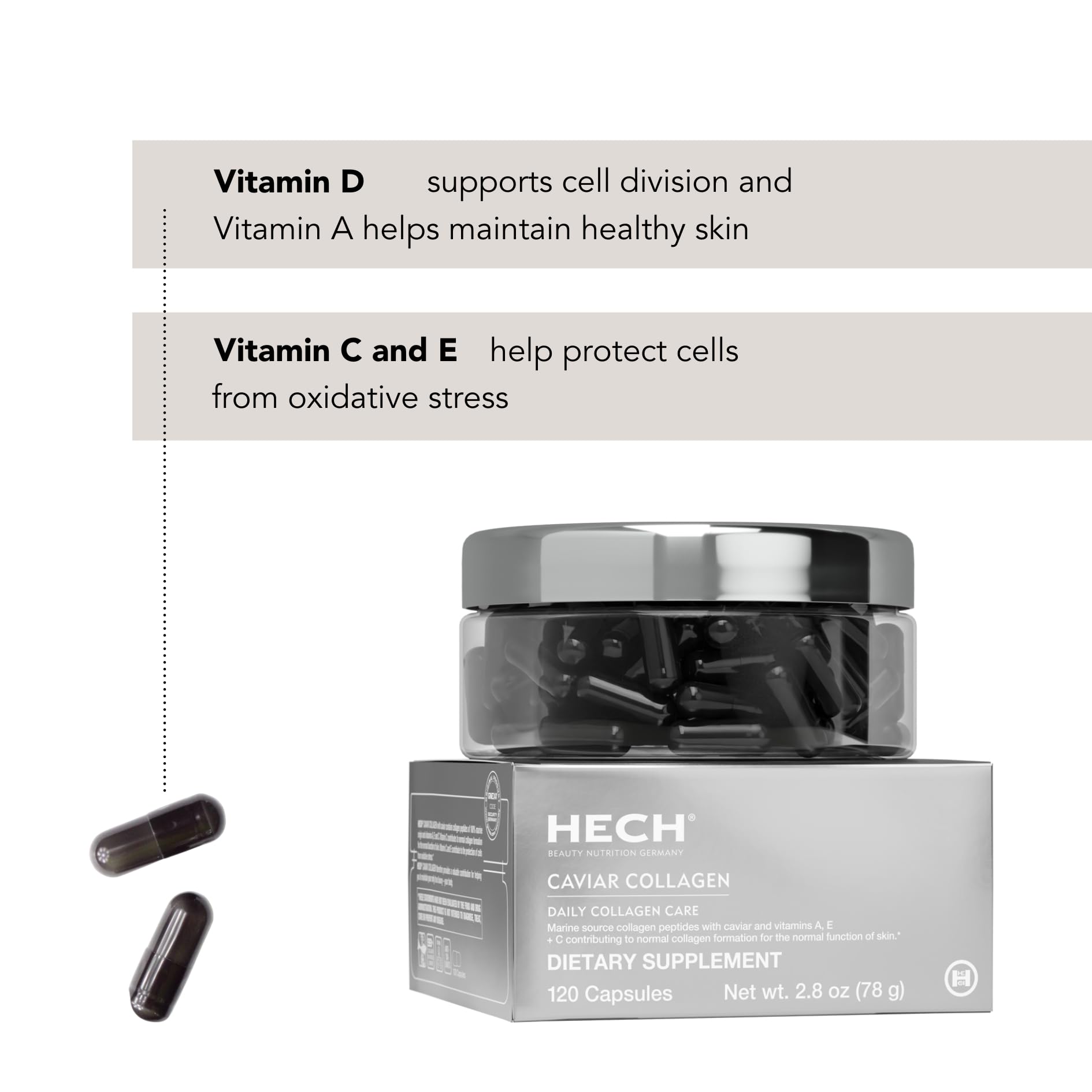 HECH Caviar Collagen packaging box emphasizing vitamin blend for nourishment