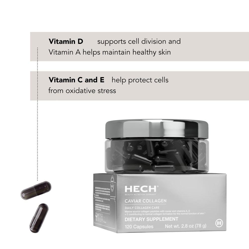 HECH Caviar Collagen packaging box emphasizing vitamin blend for nourishment