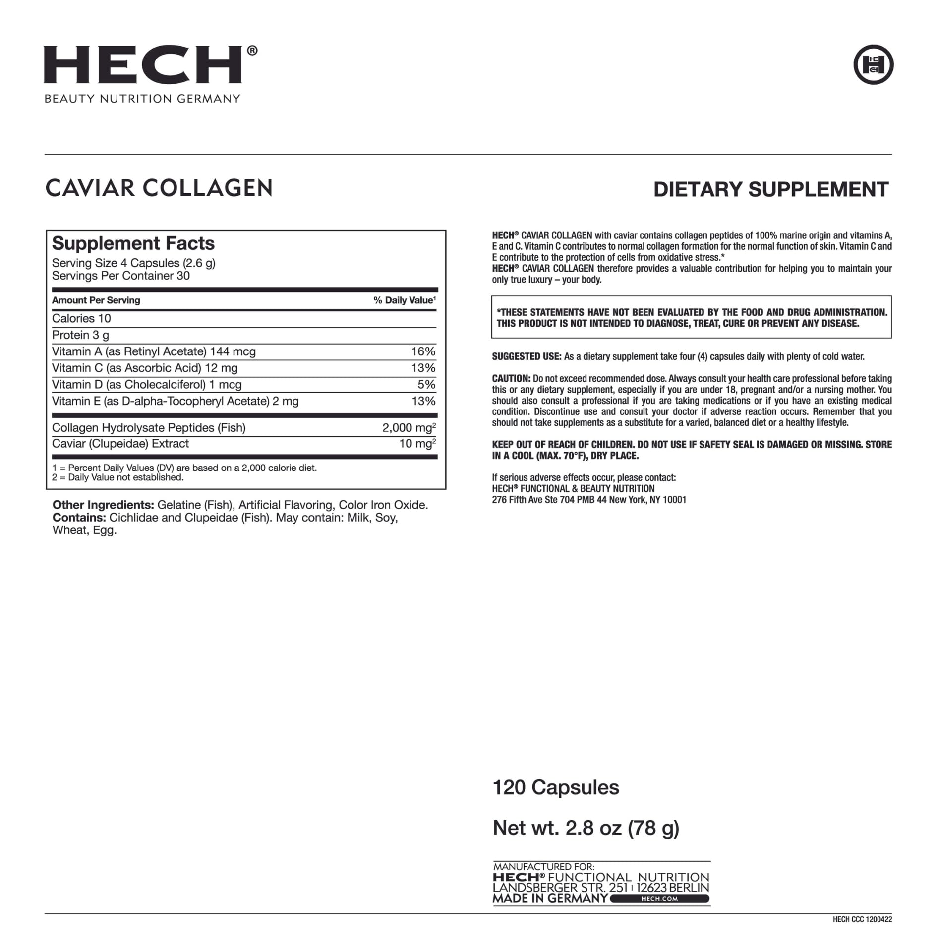 HECH Caviar Collagen ingredients panel featuring marine collagen and vitamins