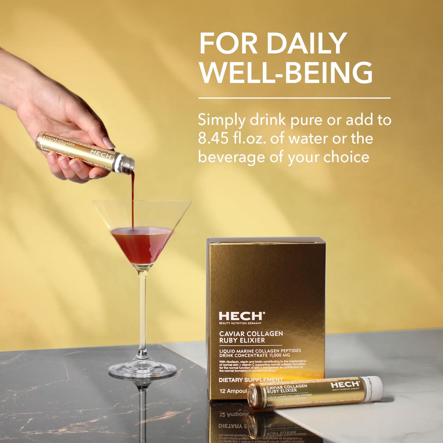 HECH Caviar Collagen Ruby Elixier label close-up emphasizing 11,000 mg collagen content.