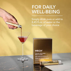 HECH Caviar Collagen Ruby Elixier label close-up emphasizing 11,000 mg collagen content.