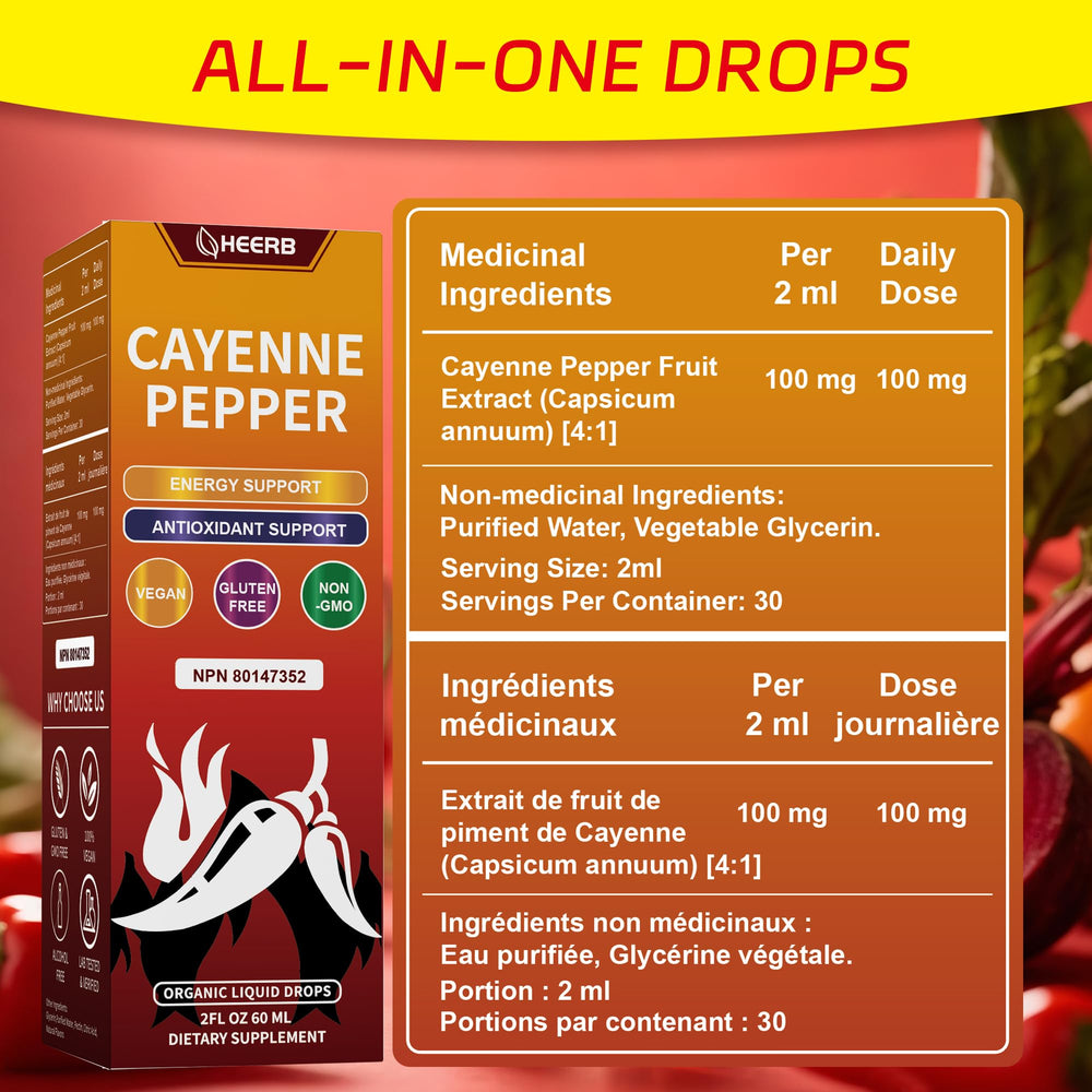 HEERB Cayenne Pepper Drops packaging showcased on kitchen counter.
