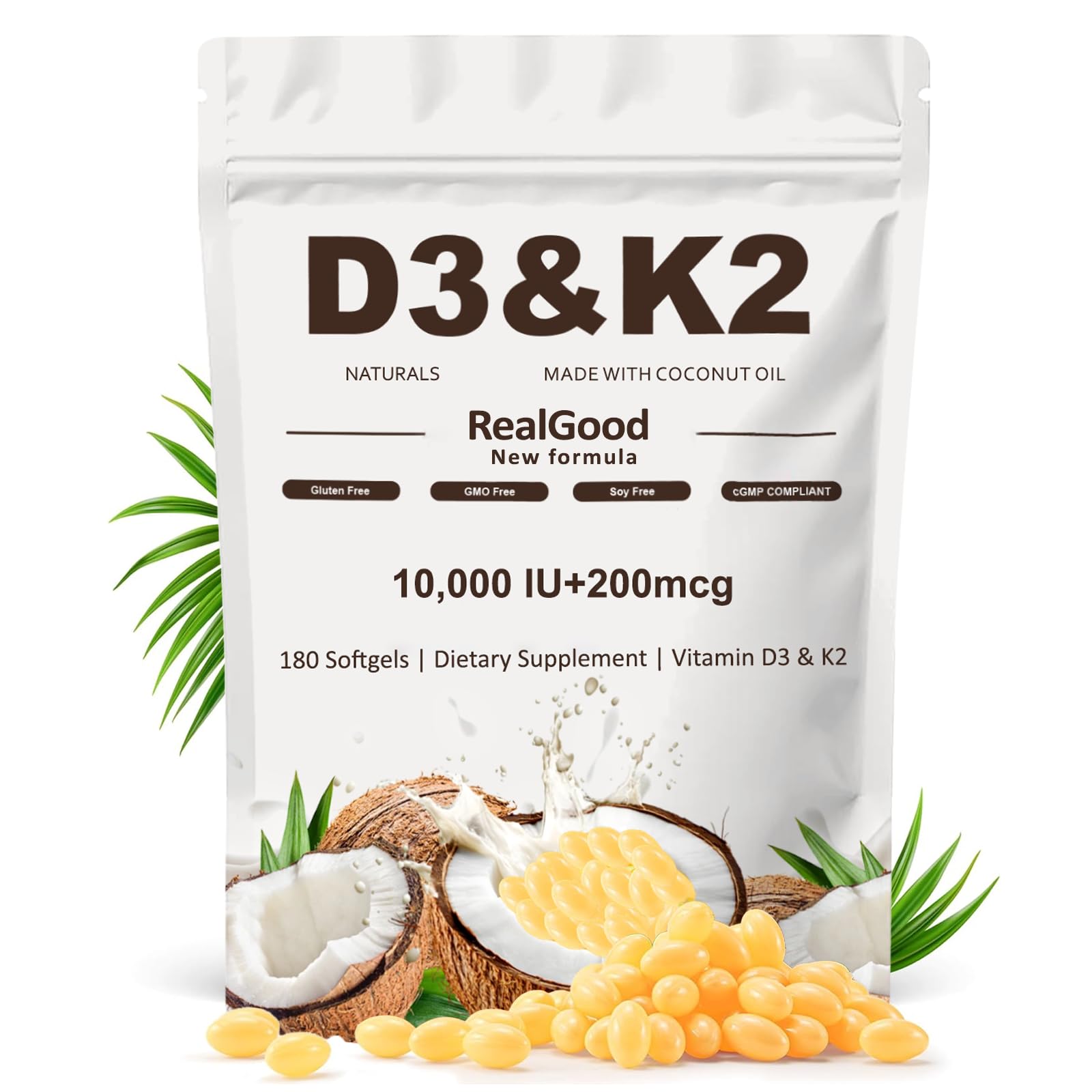 Heidelux Real Good Essentials D3+K2 softgels bottle front for bone support.