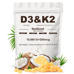 Heidelux Real Good Essentials D3+K2 softgels bottle front for bone support.
