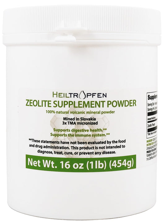 Heiltropfen Zeolite powder jar close-up, ultra-fine mineral dust for daily detox preparation.