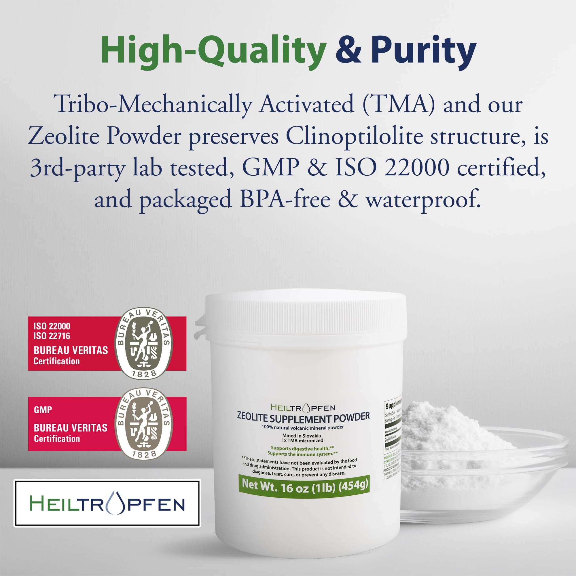 HACCP ISO 22000 compliance badge on Heiltropfen Zeolite Powder packaging.