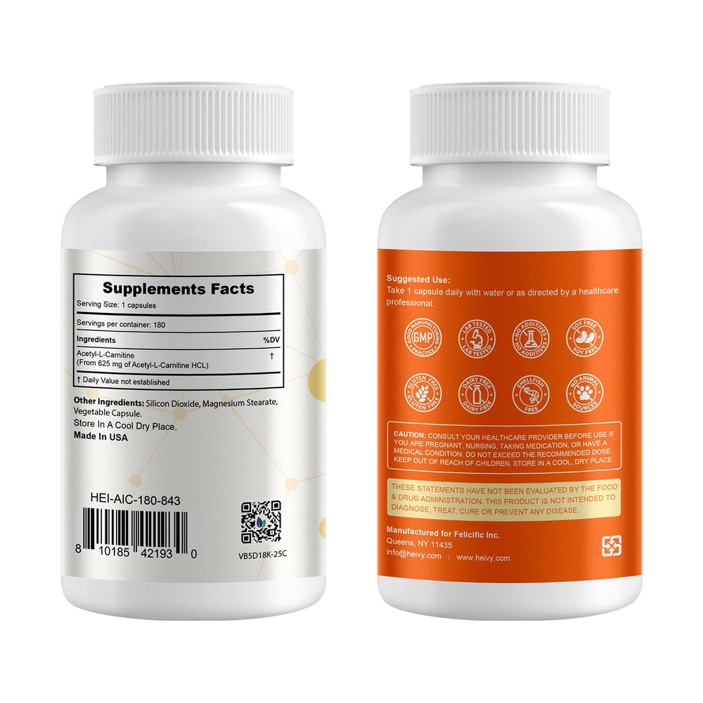 Heivy Acetyl L-Carnitine 500 mg label close-up—clear ingredient details