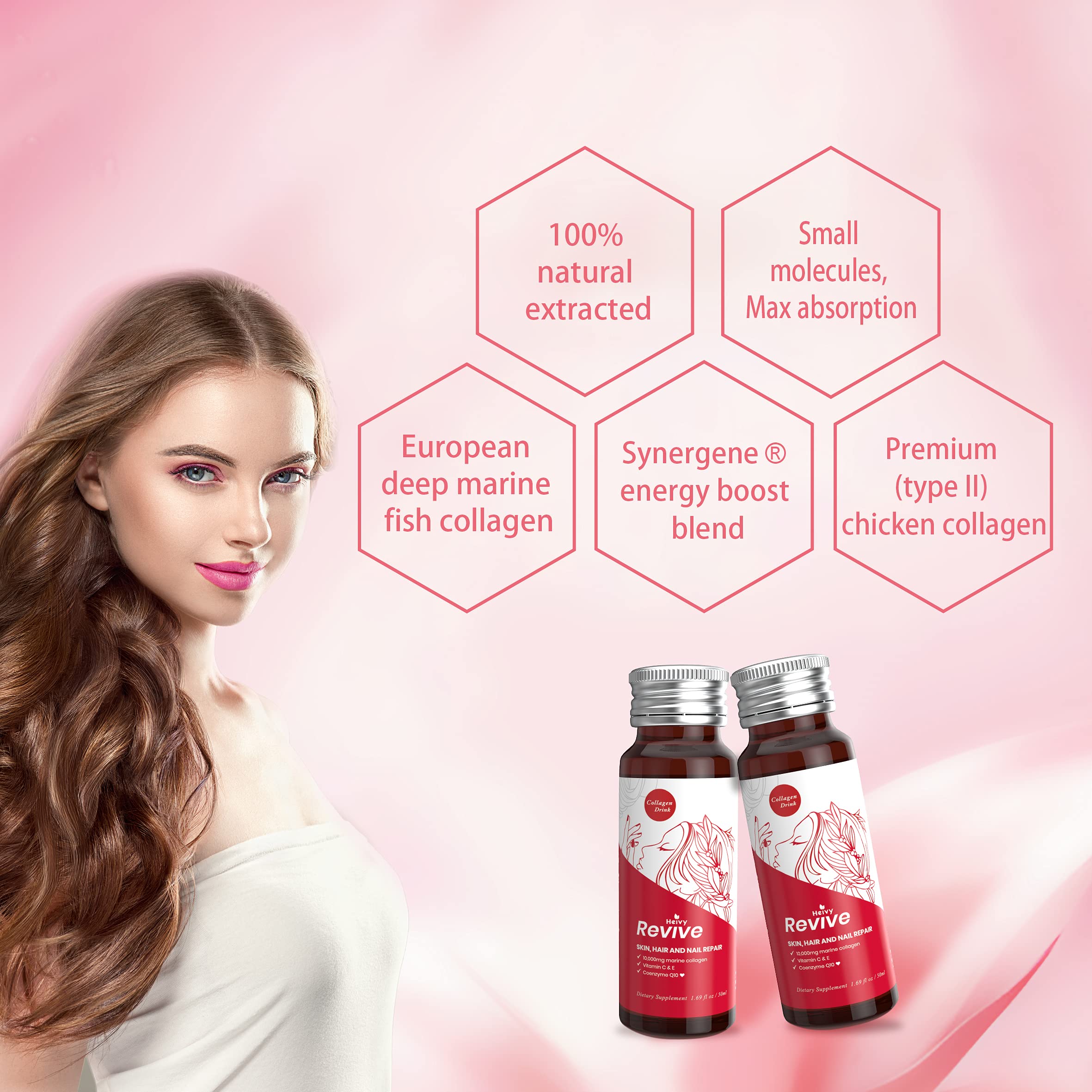 Lifestyle shot showing shine and vitality from Heivy collagen drink