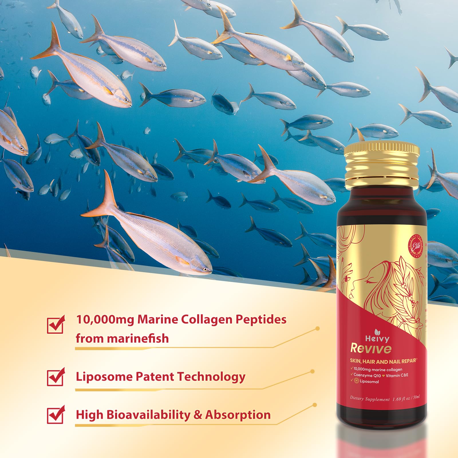 Heivy Liposomal Liquid Collagen GMP-certified packaging close-up.