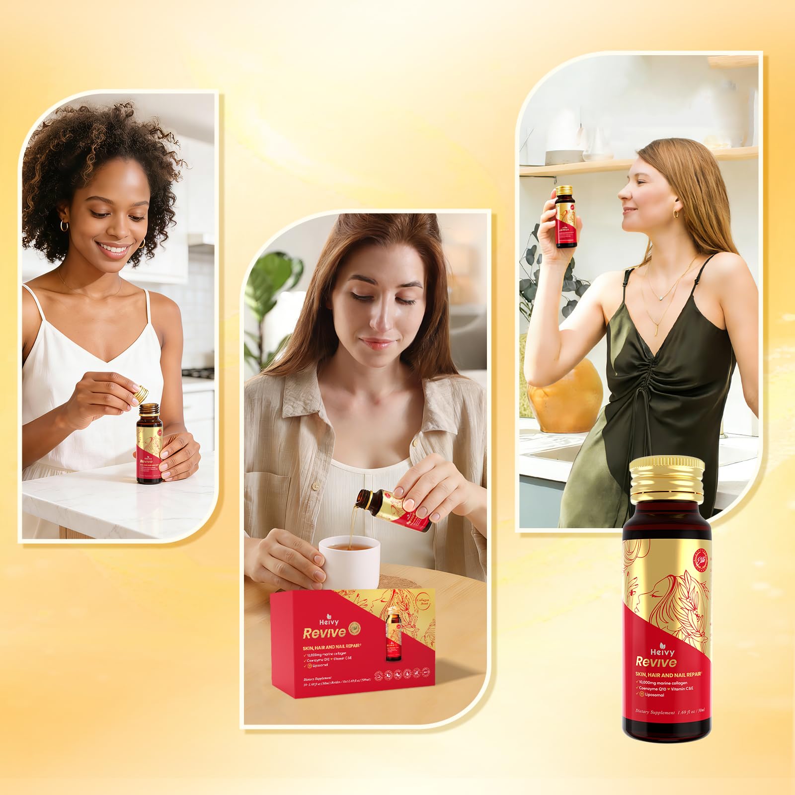 Heivy Liposomal Liquid Collagen box and bottles arranged for routine wellness.