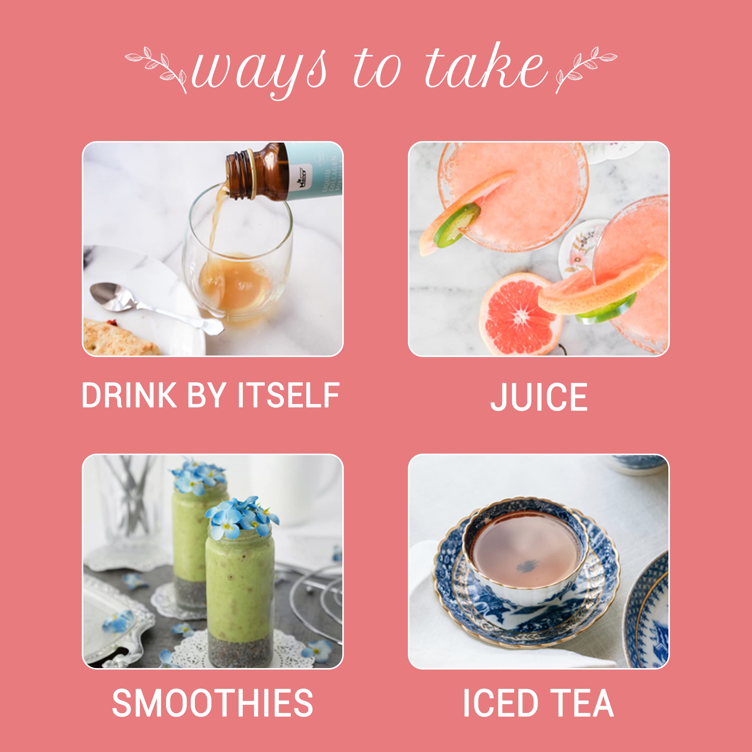 Heivy liquid collagen on kitchen counter suggests a daily ritual for skin and hair care.